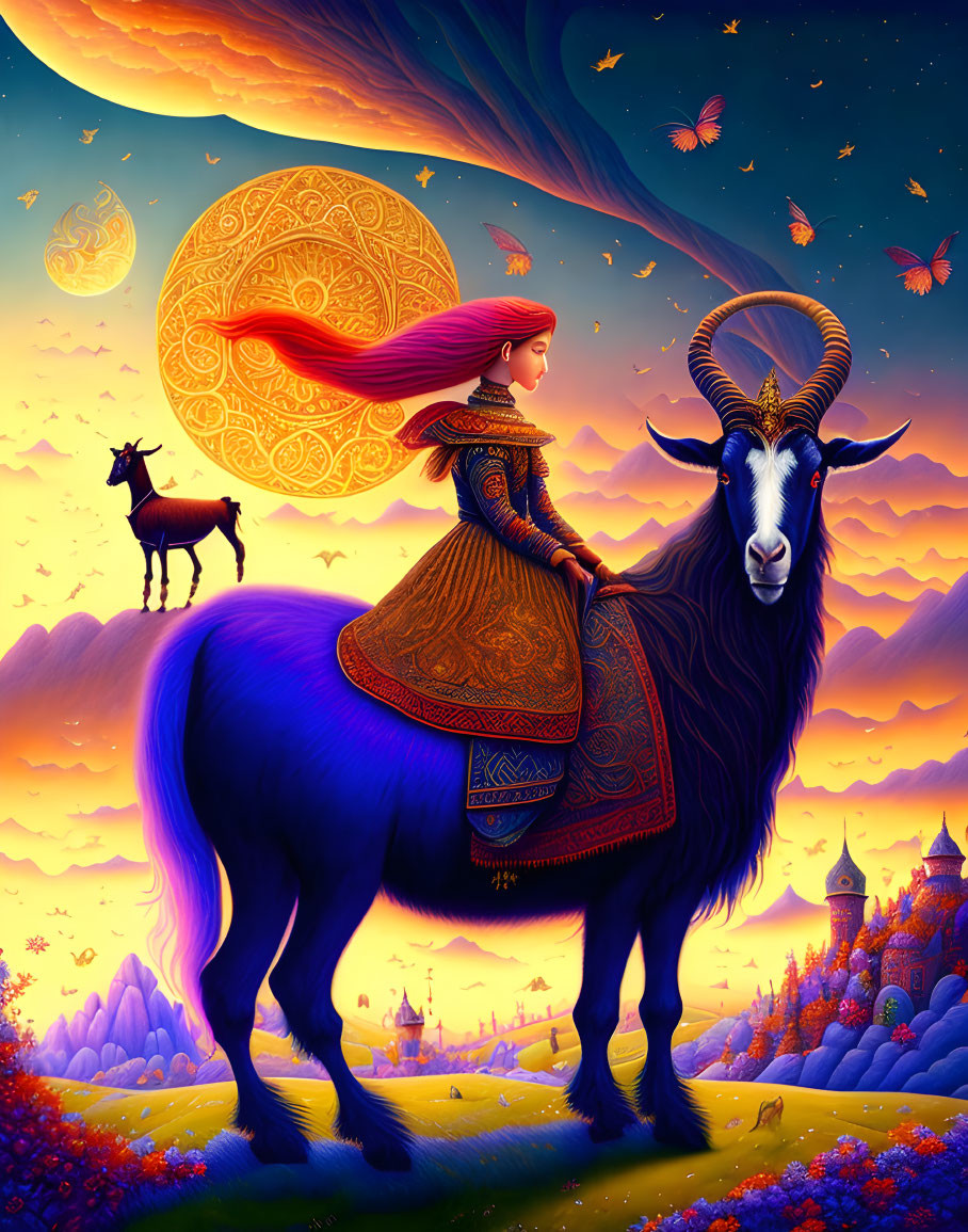 Woman riding majestic goat in surreal scene with castle under colorful sky