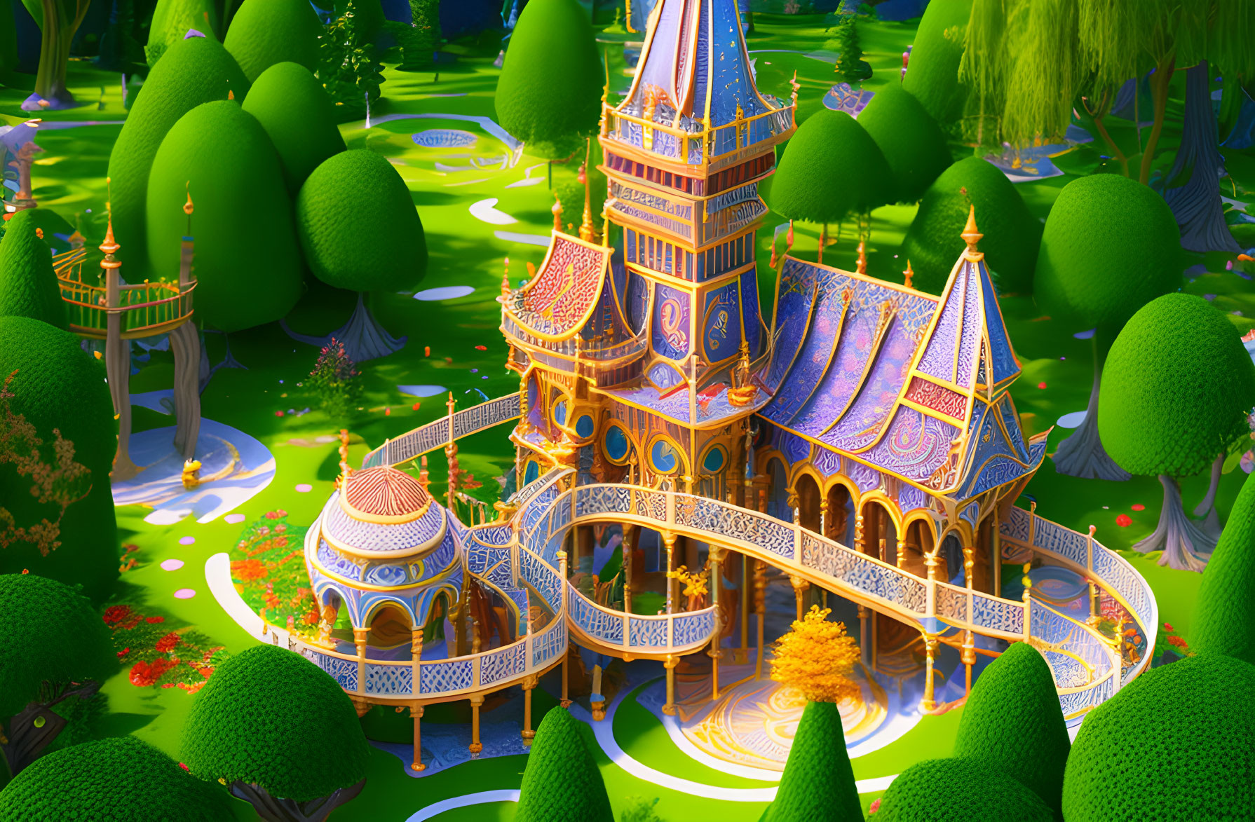 Colorful fairy tale castle illustration in whimsical garden with unique green trees