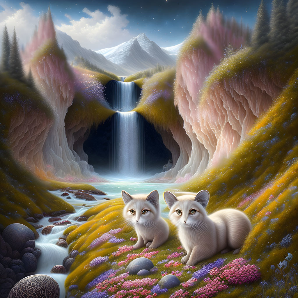 Fantasy landscape with white foxes, waterfall, and pink cliffs