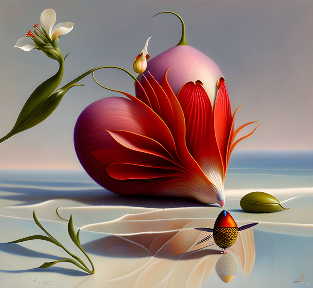 Surreal artwork: blooming onion flower, water reflections, hummingbird-like creature