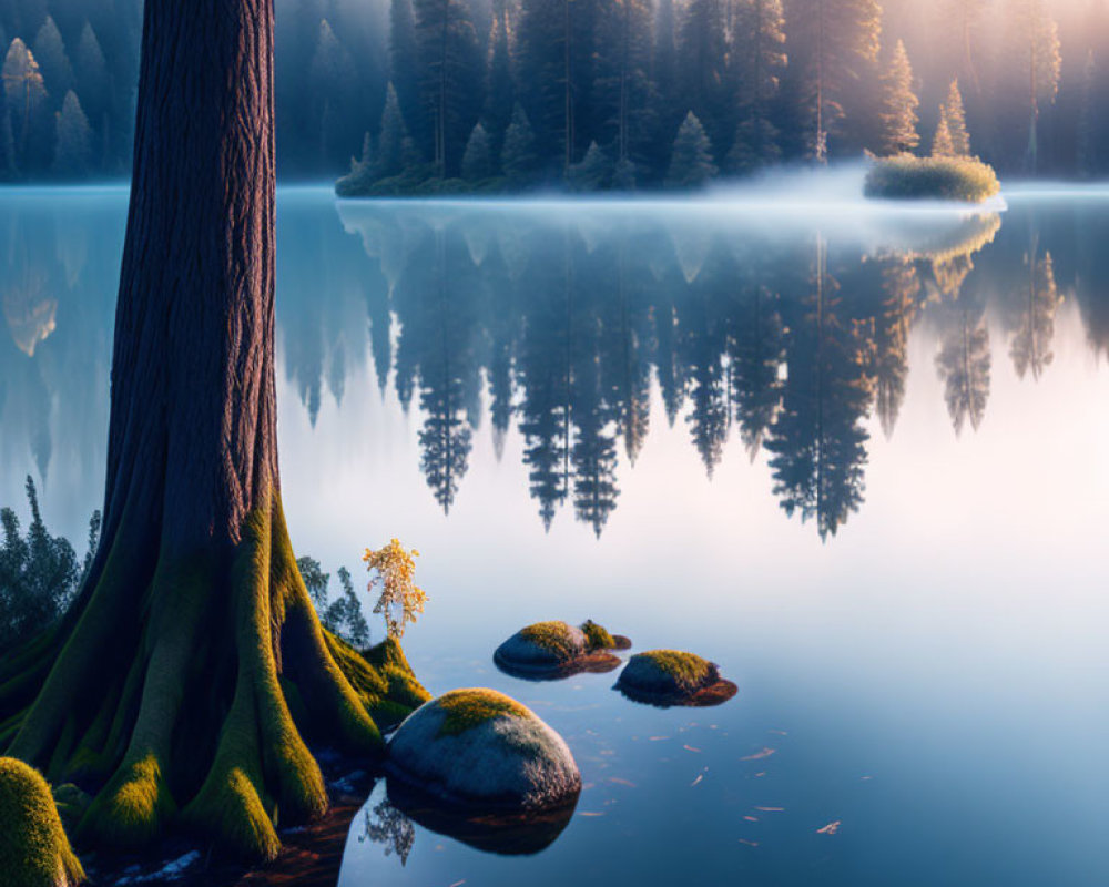 Tranquil lake scene with misty morning reflection and moss-covered tree trunk