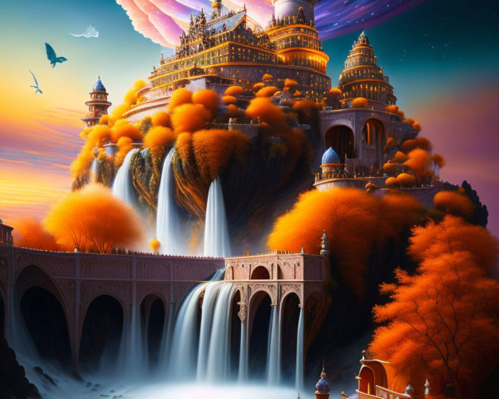 Fantastical palace with ornate architecture amid waterfalls, autumnal trees, vibrant cosmic sky.