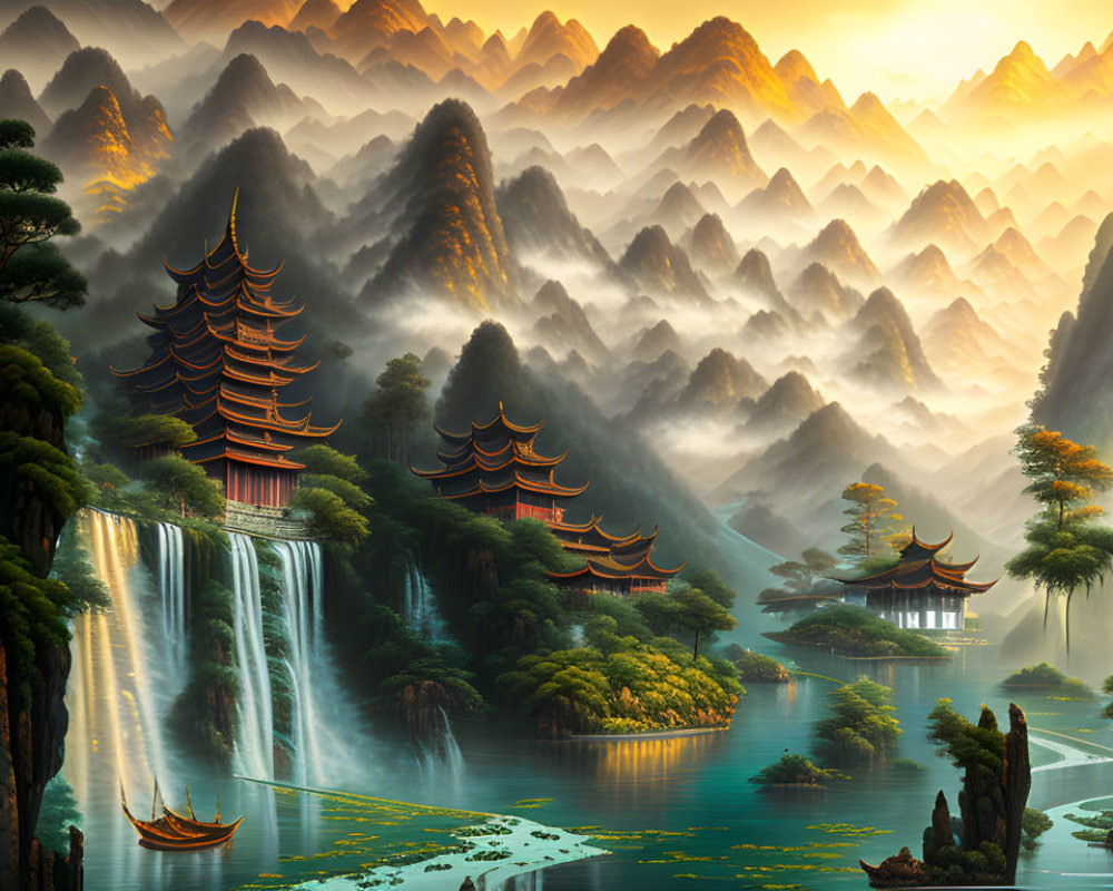 Scenic landscape with pagodas, mountains, forests, river, and boats at sunrise