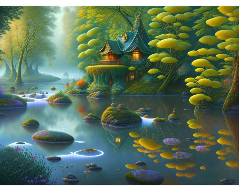 Fantasy landscape with vibrant plant life, pond, lily pads, and ornate house