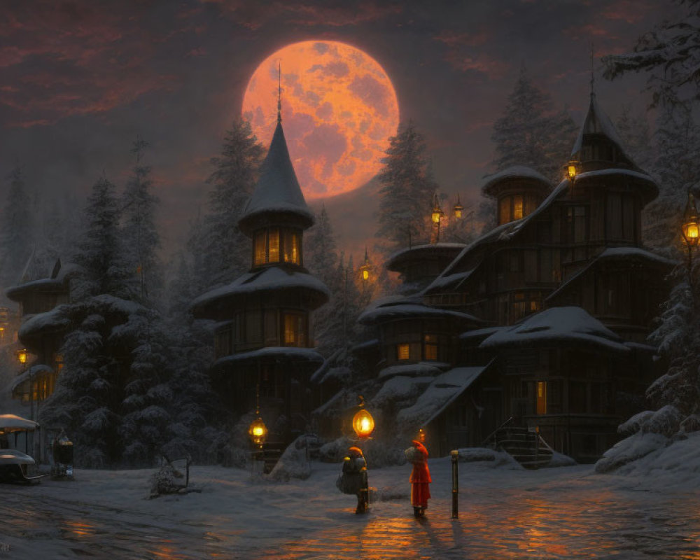 Snowy village with illuminated buildings under full moon