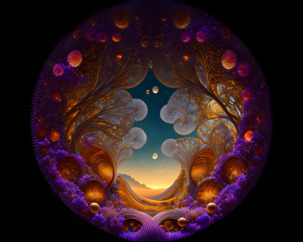 Circular purple and orange fractal art with tree-like structures on serene sunset landscape