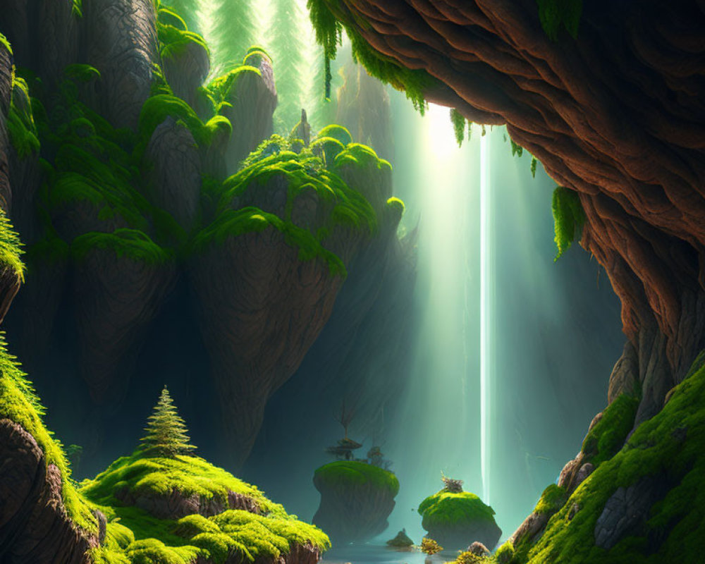 Sunlit mystical forest cave with green moss, floating islands, and serene waterfall