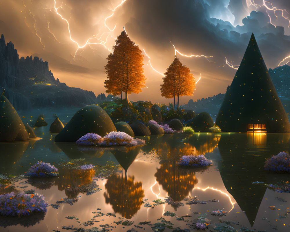 Fantasy landscape at dusk with reflective lake, glowing flowers, cottages, and lightning sky.