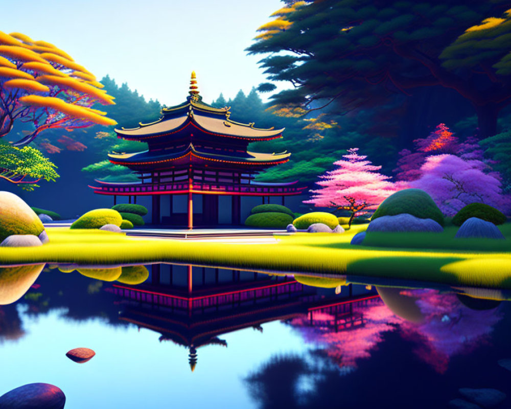 Colorful Japanese Pagoda Surrounded by Trees and Pond Reflections