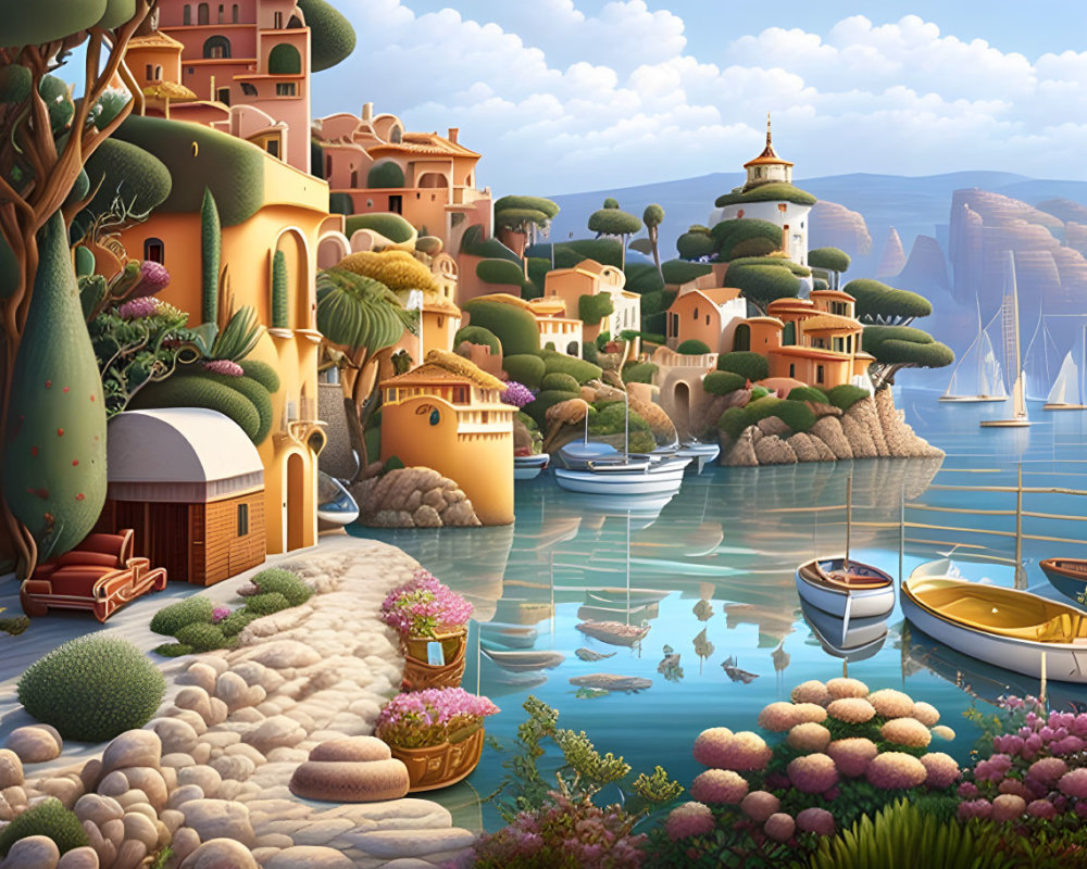 Tranquil Coastal Village with Terracotta Buildings and Boats