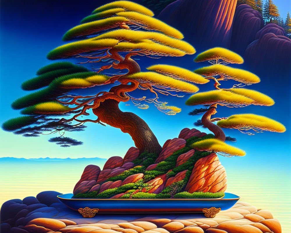 Colorful painting of tree on rocky outcrop by tranquil waters at sunset