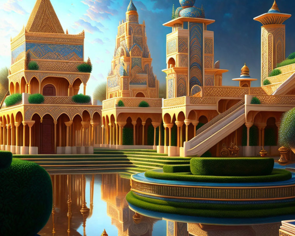 Ornate spires and blue-tiled domes of a fantastical palace reflected in serene water