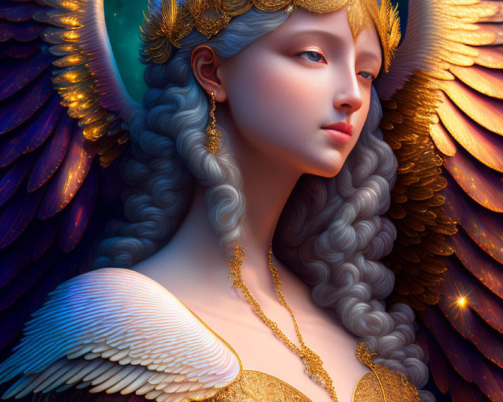 Regal female figure with golden laurel crown and angelic wings in ornate armor.