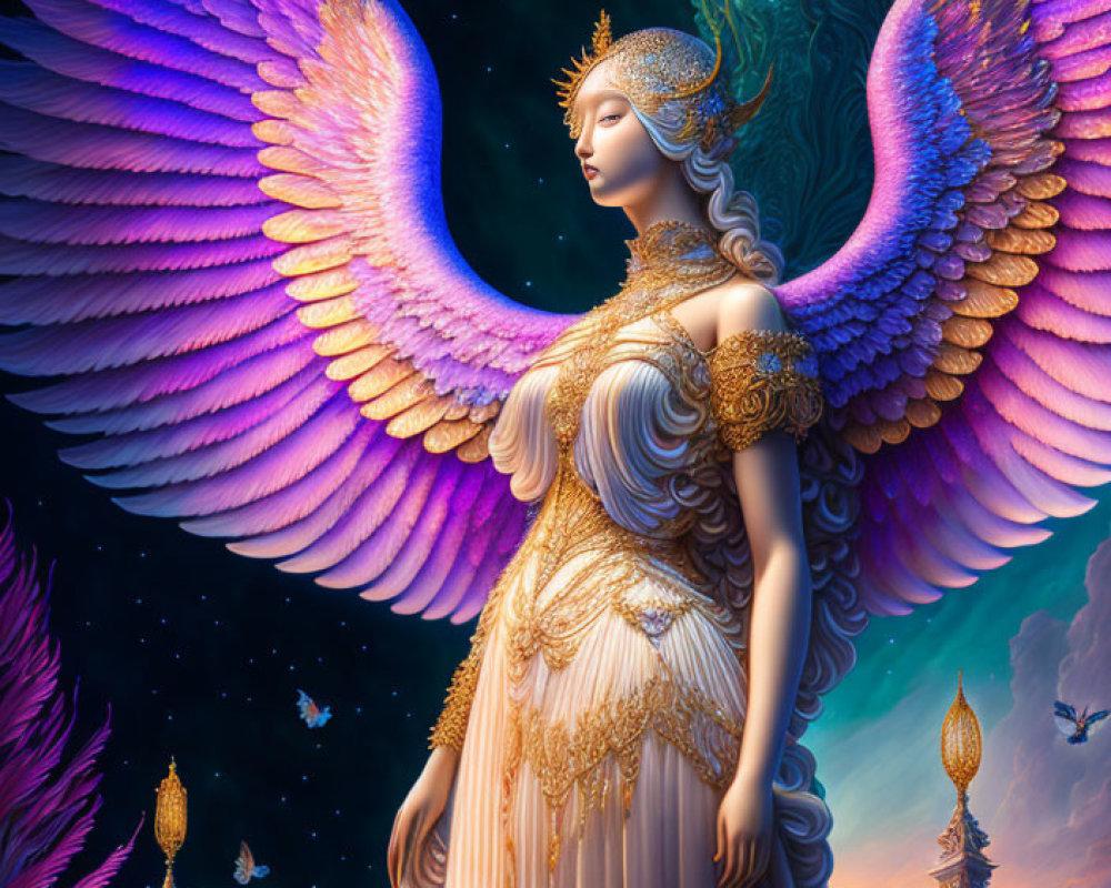 Majestic multicolored winged female figure in celestial attire