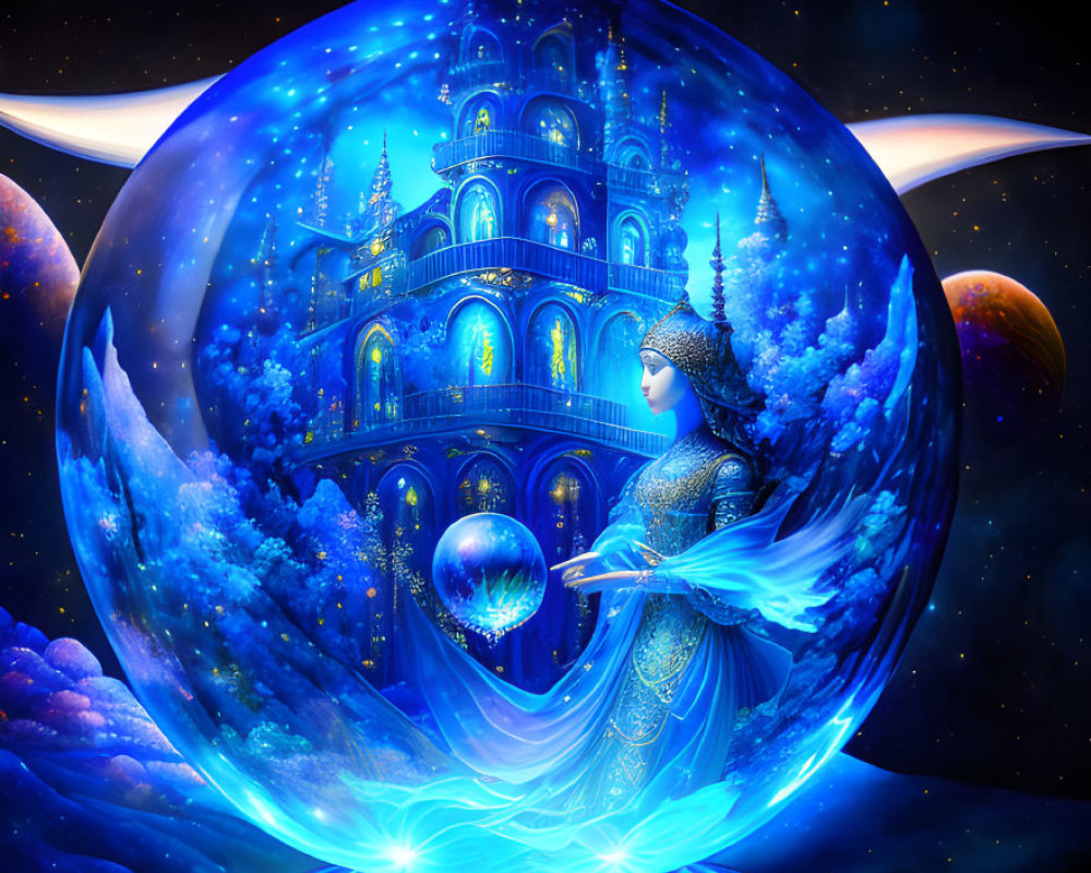 Mystical sphere with grand castle, shimmering towers, and ethereal woman surrounded by stars