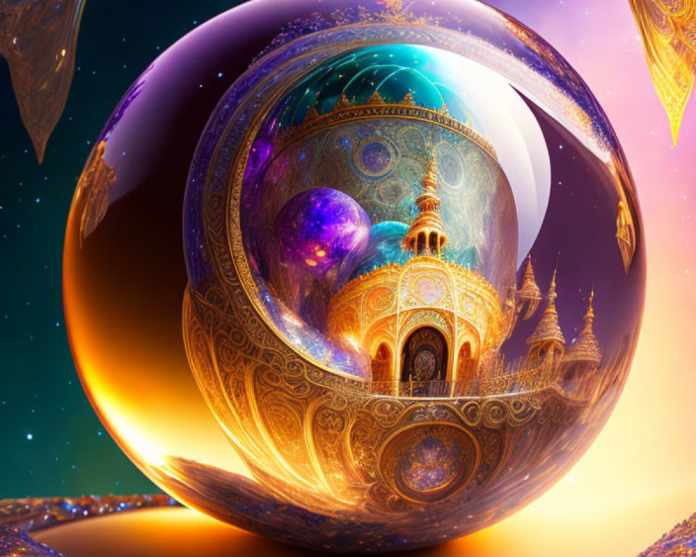 Reflective glossy sphere showcasing ornate palace with arabesque patterns under cosmic sky