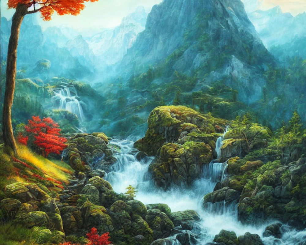 Scenic landscape with waterfalls, rocky terrains, autumn trees, and mountain peaks