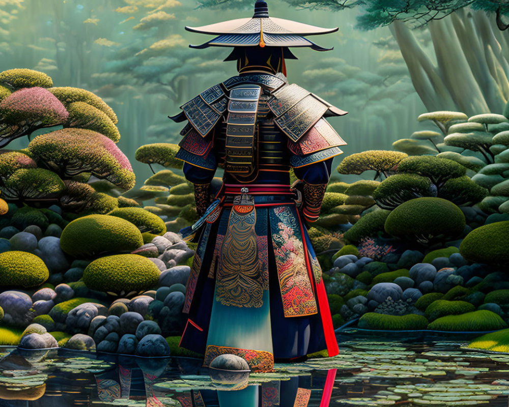 Samurai in traditional armor by tranquil pond in mystical forest