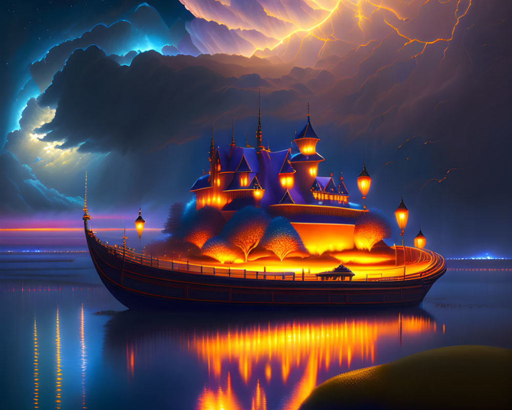 Fantasy ship with castle-like structures on calm water under dramatic night sky.