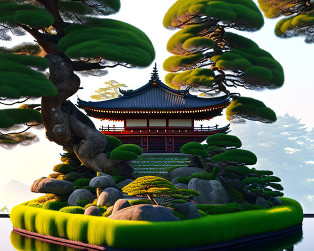 Japanese Temple Surrounded by Pine Trees on Tranquil Island