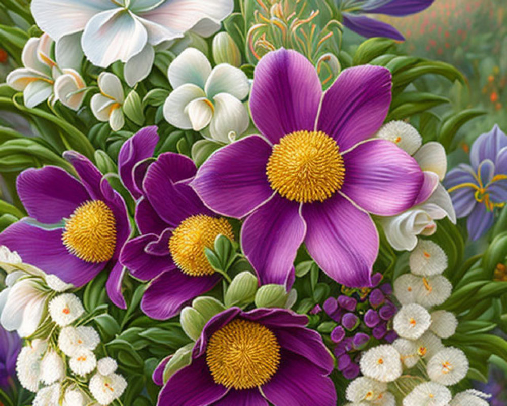 Colorful floral painting with purple, white, and red flowers on green foliage