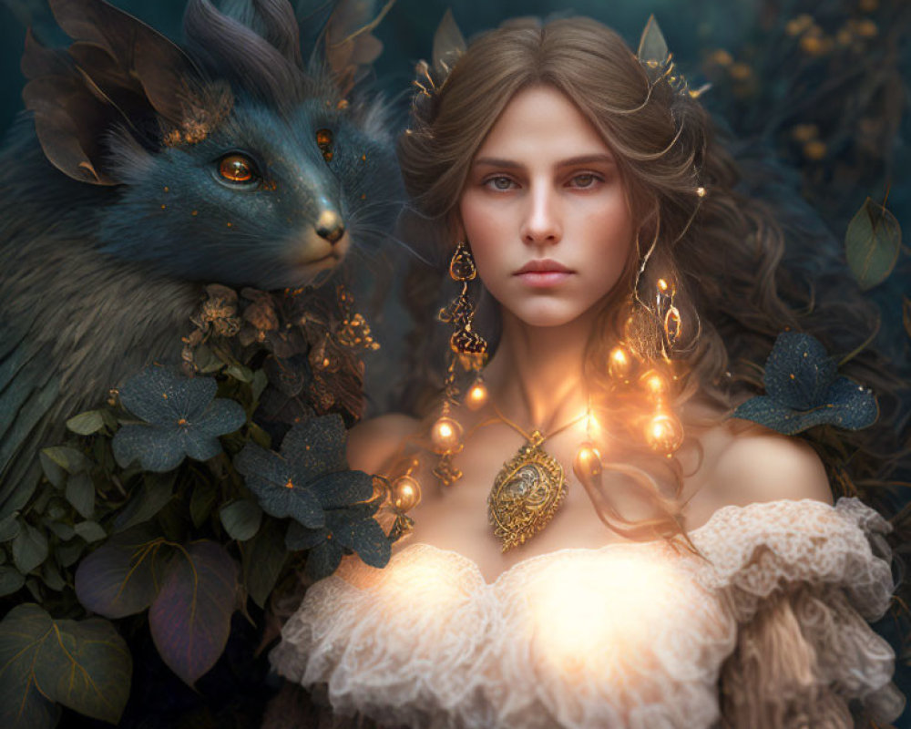 Woman with wavy hair and leaf adornments in ruffled dress with mythical blue creature in enchanted forest