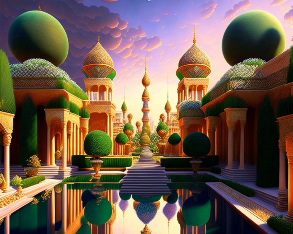 Colorful domed buildings and topiary trees in a symmetrical fantasy landscape at twilight