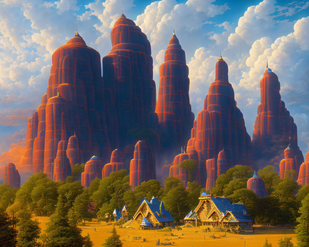 Fantastical landscape with towering rock formations and blue-roofed cottages