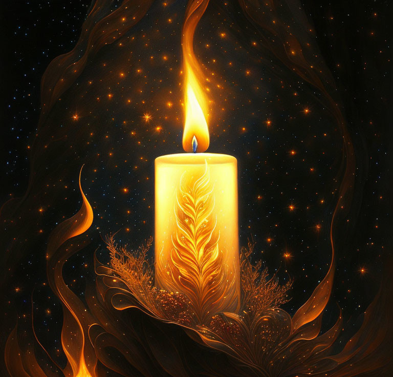 Intricately designed glowing candle with golden leaves and smoke on starry background