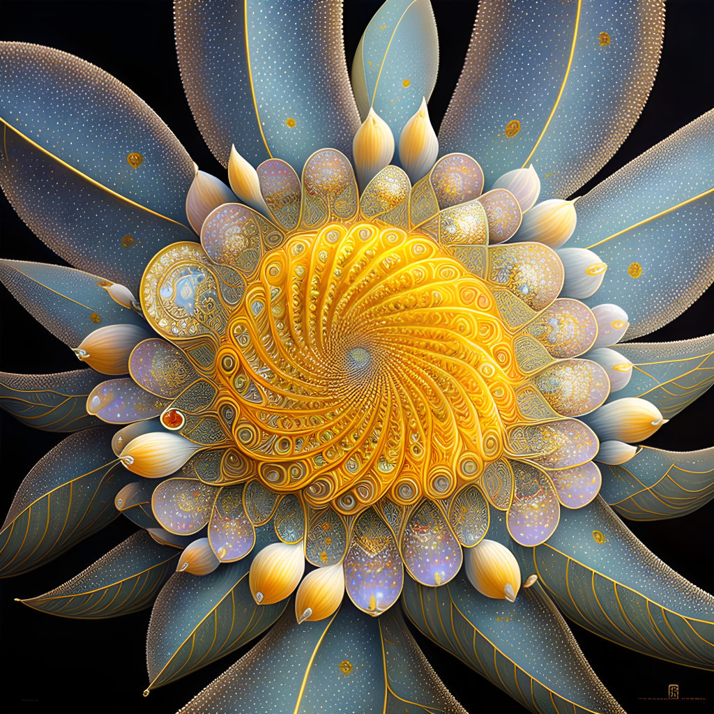 Intricate Golden Flower Artwork with Blue Petals on Dark Background