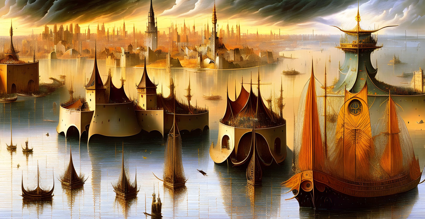 Ornate ships and spires in mystical seascape