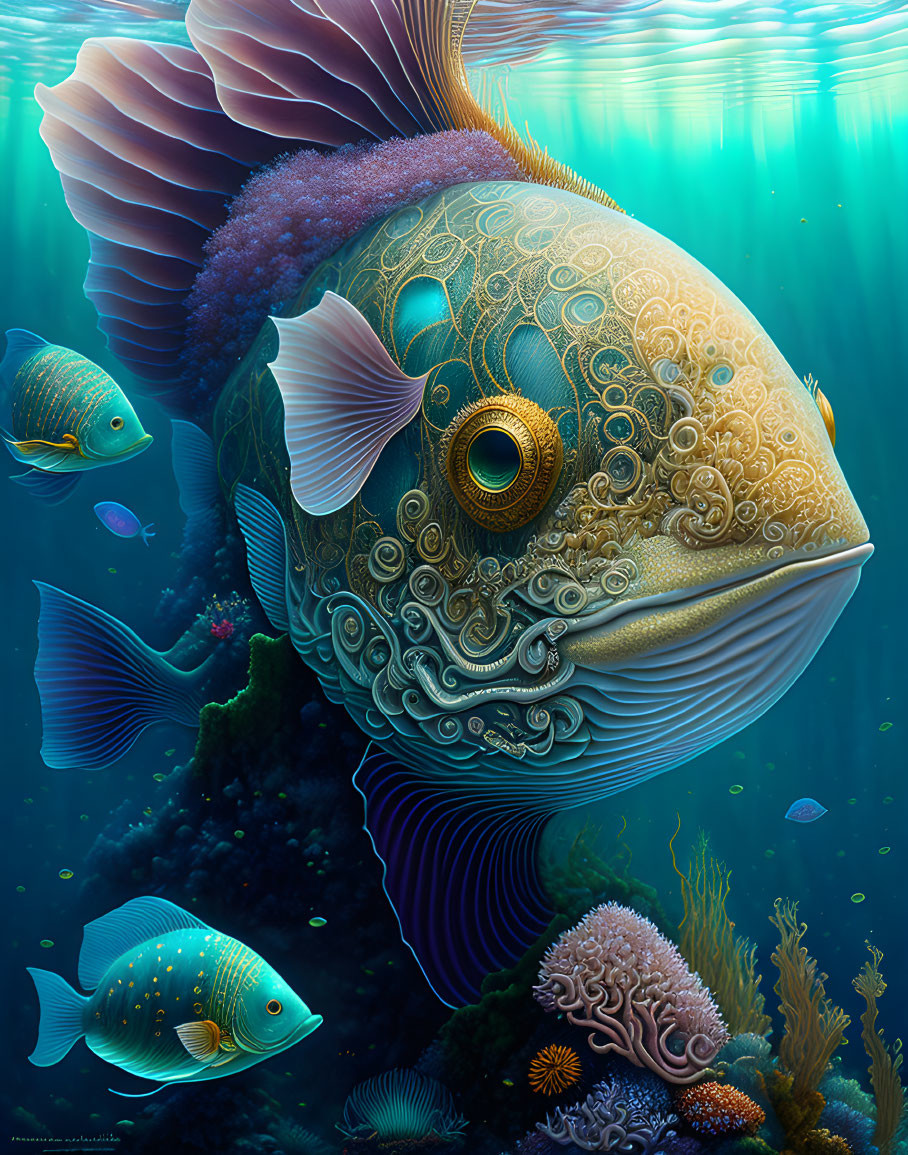 Detailed Artistic Image: Large Ornate Fish with Elaborate Patterns, Surrounded by Smaller