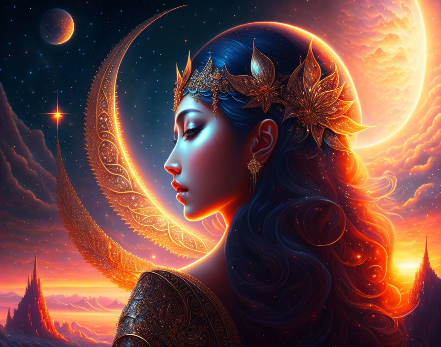 Celestial woman with blue skin and golden headdress in cosmic setting