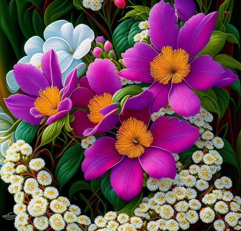 Colorful Floral Painting with Blue, Purple, White Blossoms