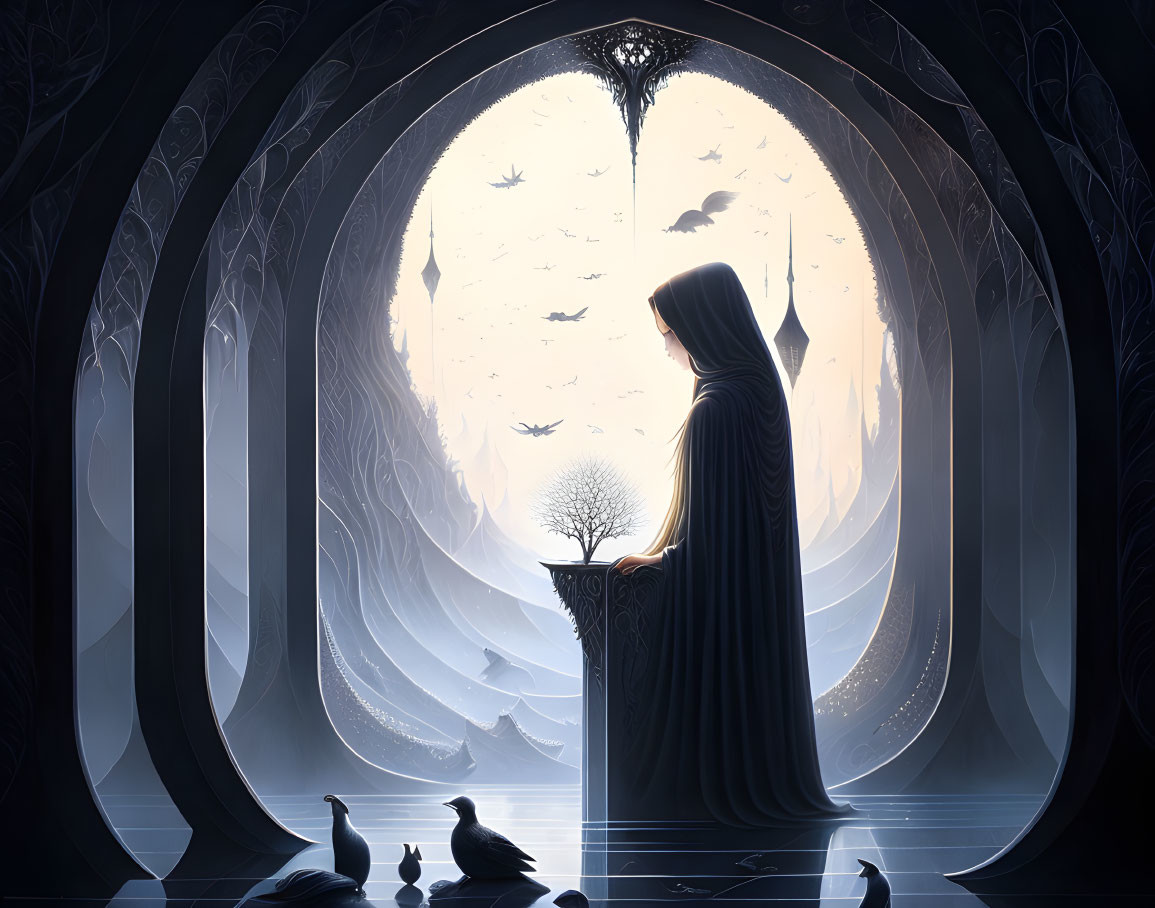 Cloaked figure in arched doorway gazes at luminous tree in mystical landscape