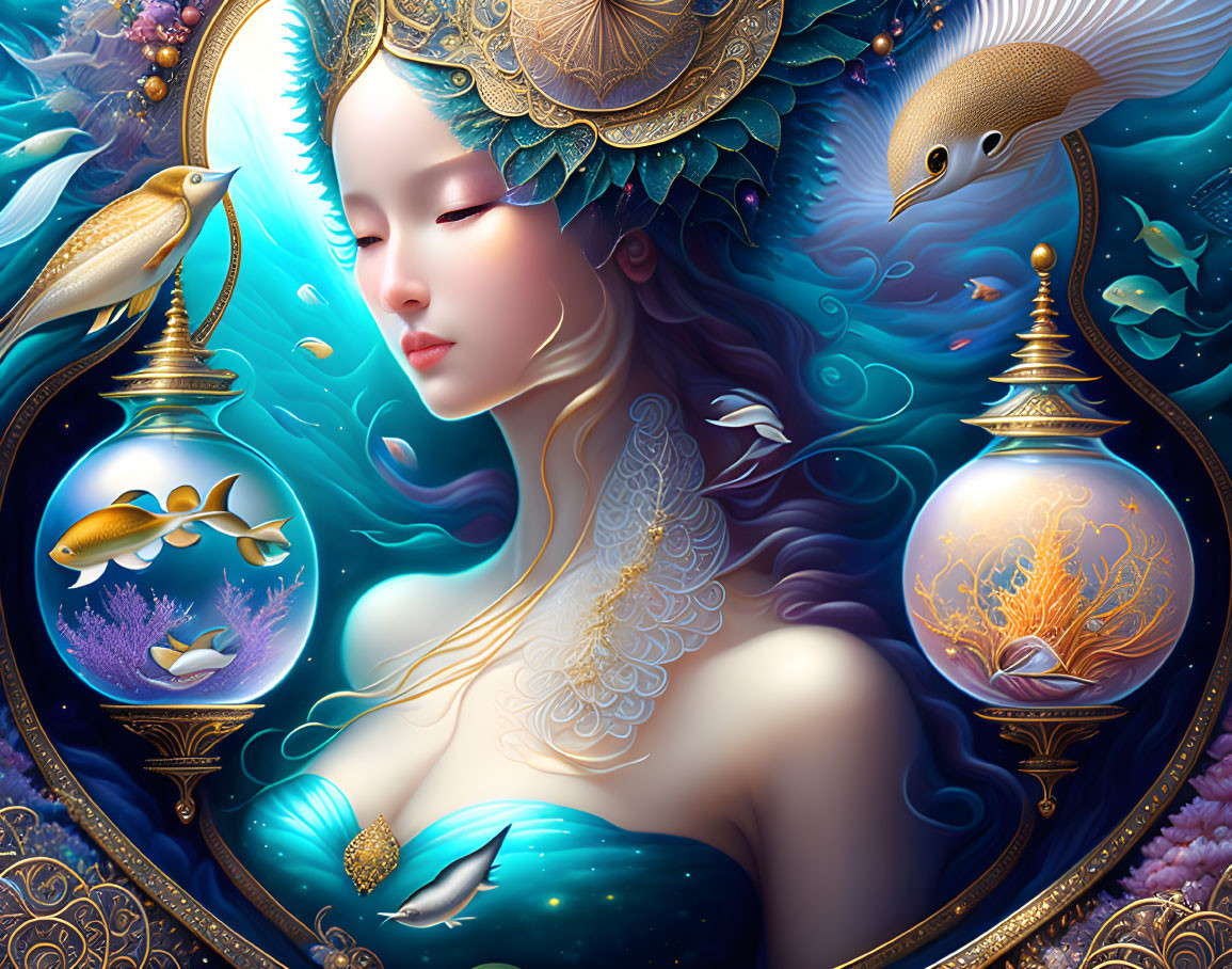 Ethereal woman with flowing hair among aquatic and fantasy motifs