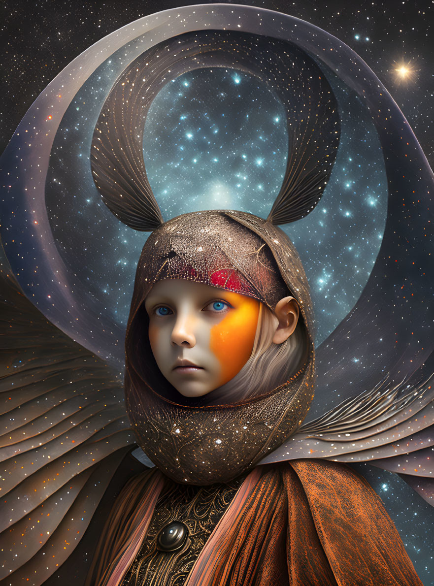 Child portrait with cosmic elements and ornate attire