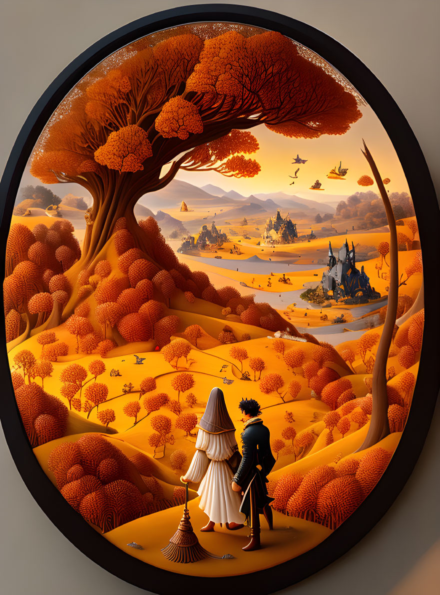 Medieval characters on hill view autumn fantasy landscape with castle and flying ships