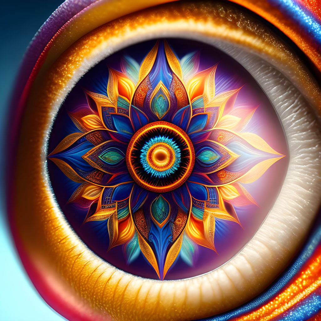 Symmetrical multicolored mandala with intricate patterns and circular frame