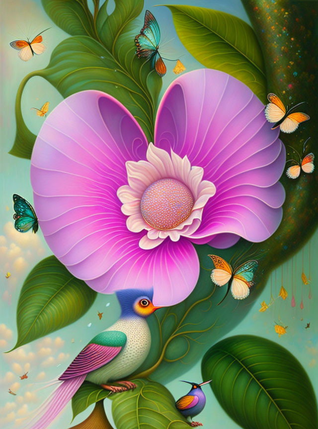 Colorful floral painting with pink-purple flower, butterflies, birds, and foliage