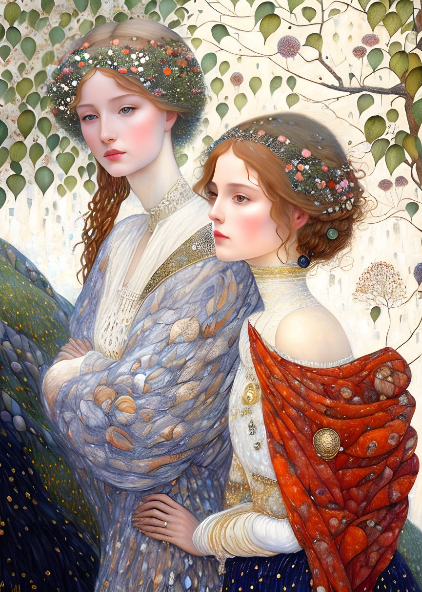 Two women in vintage clothing with pearls and floral patterns, standing among stylized leaves.