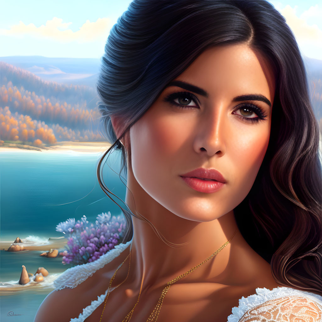 Dark-haired woman in evening makeup with lake and autumn forest in digital portrait