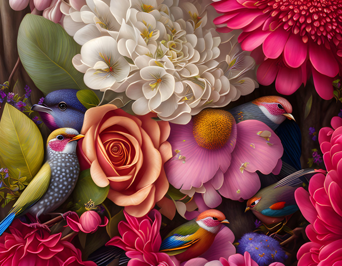 Colorful birds and vibrant flowers in intricate illustration.