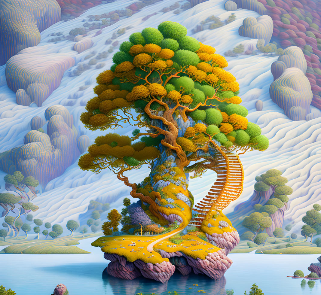 Colorful fantasy landscape with towering tree, staircase, hills, and blue water