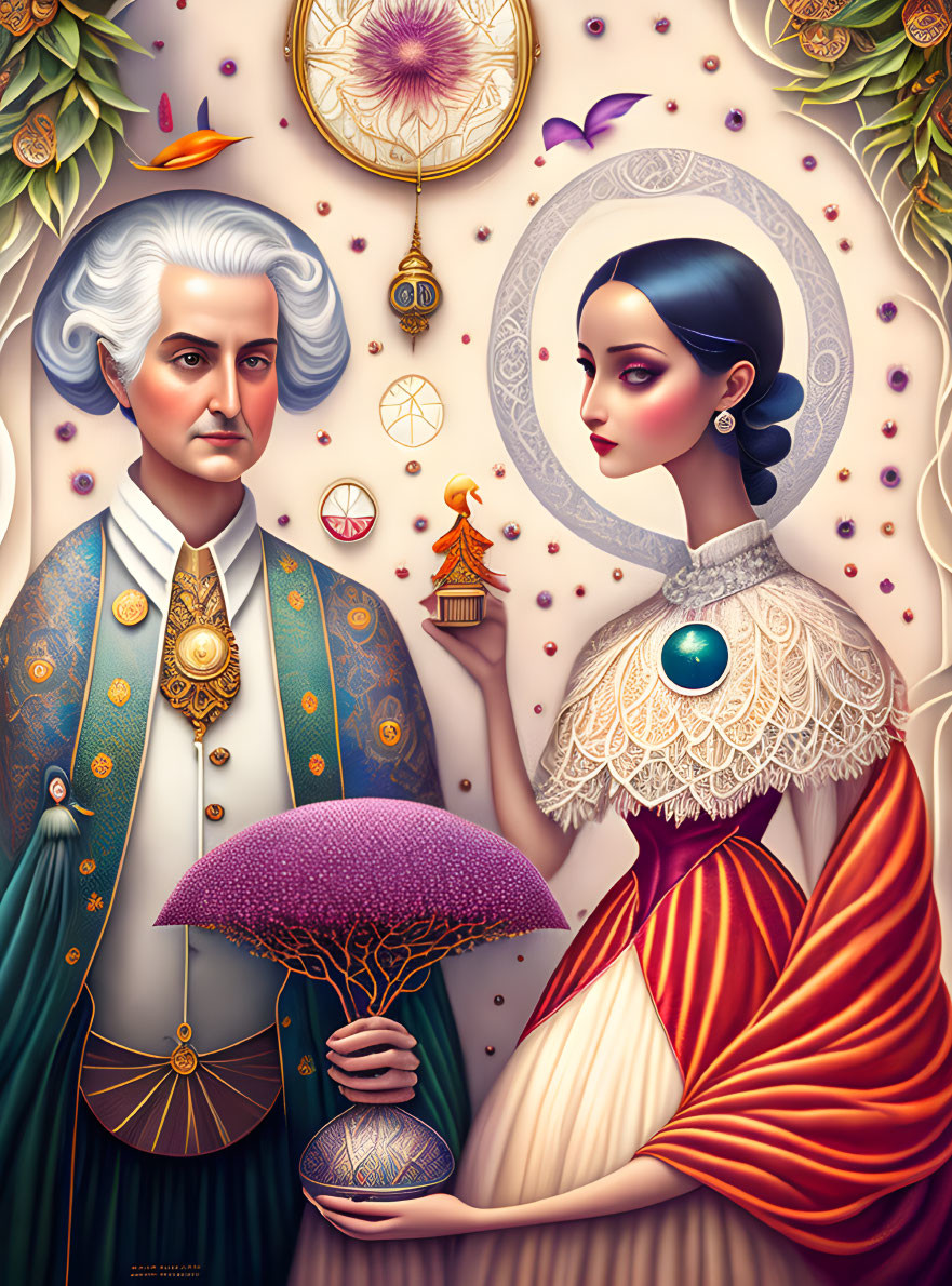 Elaborate vintage and fantastical portrait with symbolic elements