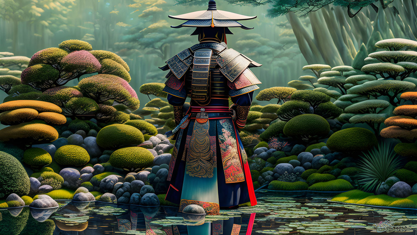 Samurai in traditional armor by tranquil pond in mystical forest