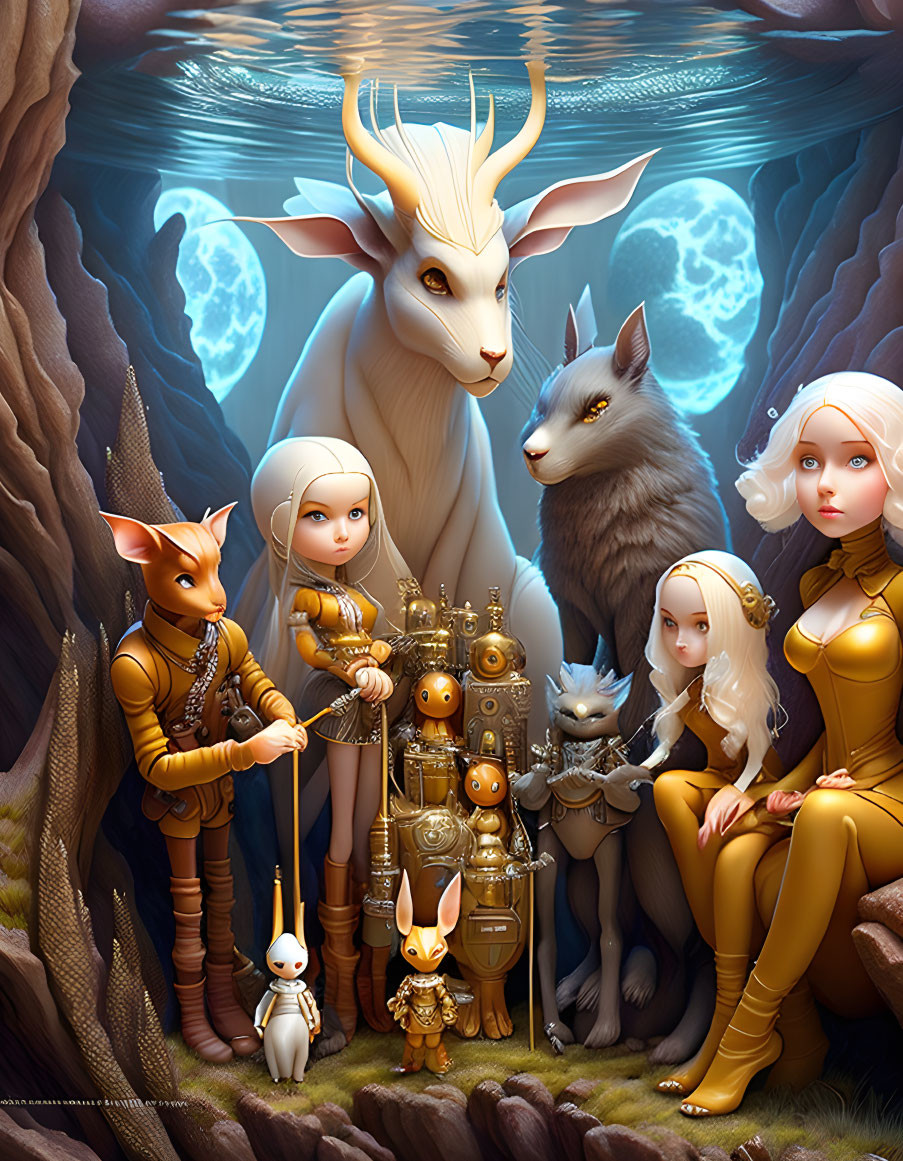 Fantasy scene featuring fox, wolf, elves, robots, and white stag under moonlit sky