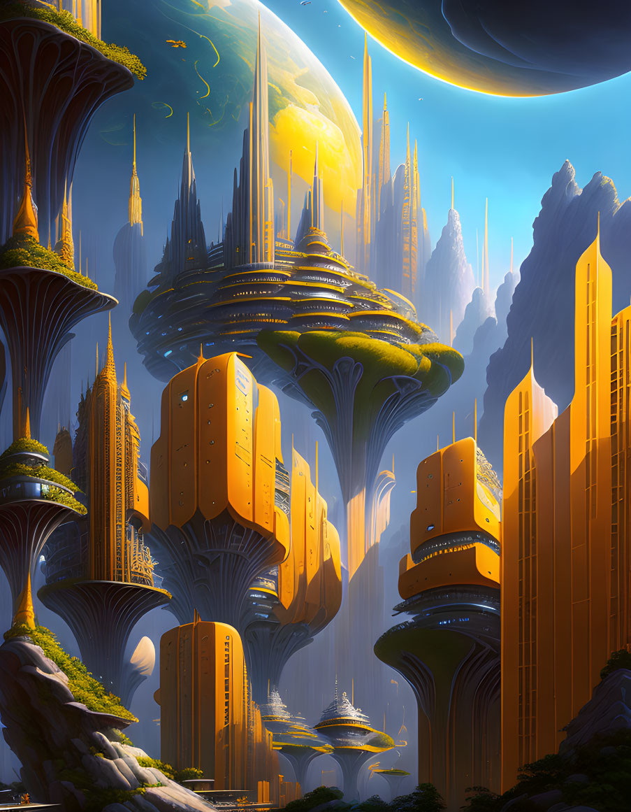 Futuristic cityscape with mushroom-like structures and distant planet