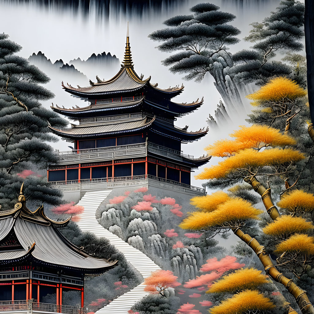 Ancient Asian pagoda with orange and grey trees and misty mountains