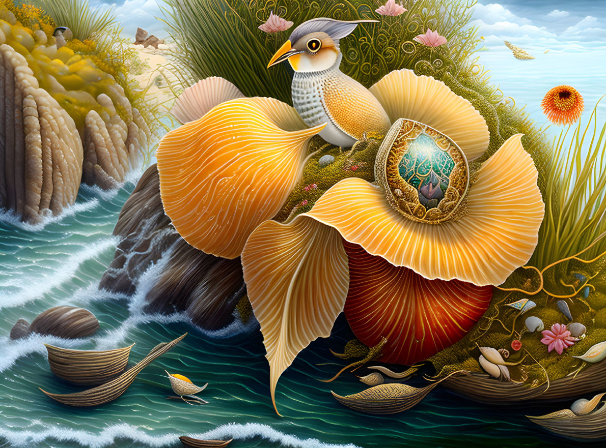 Colorful bird on mushroom, intricate shell designs, boats, whimsical sea & floral landscape